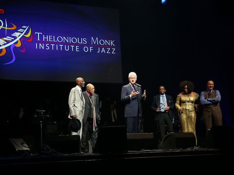 The Thelonious Monk Institute presented Bill Clinton with an award at its annual jazz competition this year. T.S. Monk, Quincy Jones, Herbie Hancock, Dianne Reeves and Kevin Spacey were also on stage for the ceremony.
